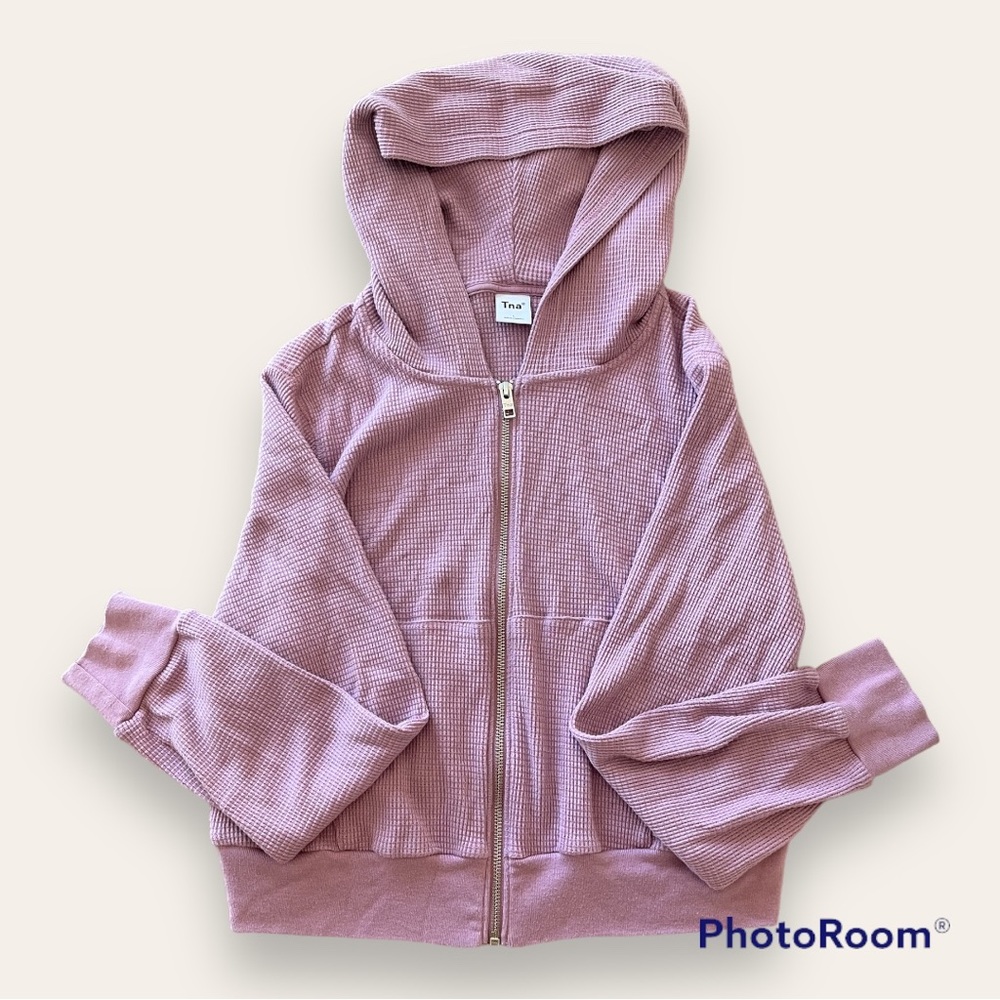 Aritizia TNA Lg Cropped Pink Waffle Zip Up Hoodie